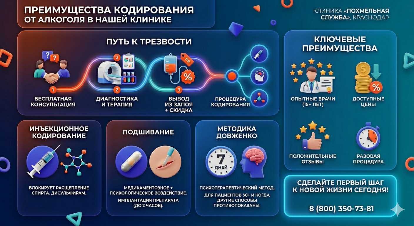 Инфографика о методах кодирования от алкоголя в Новоалександровске: инъекции, подшивание, метод Довженко. Преимущества клиники и этапы лечения.